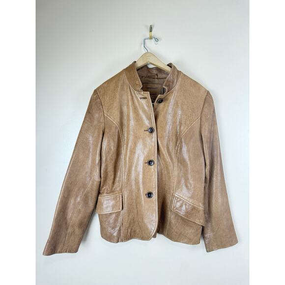 Unbranded Jackets & Blazers - Leather Blazer Jacket with Mao Collar, Front Pockets – Brown Approx. Size M